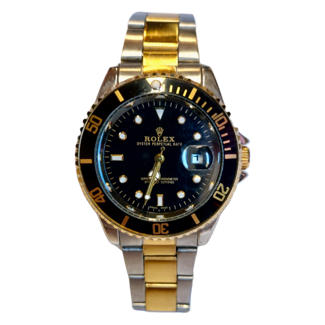 Reloj Hombre Bicolor Negro Y Dorado – Estilo Submariner De Lujo En Acero