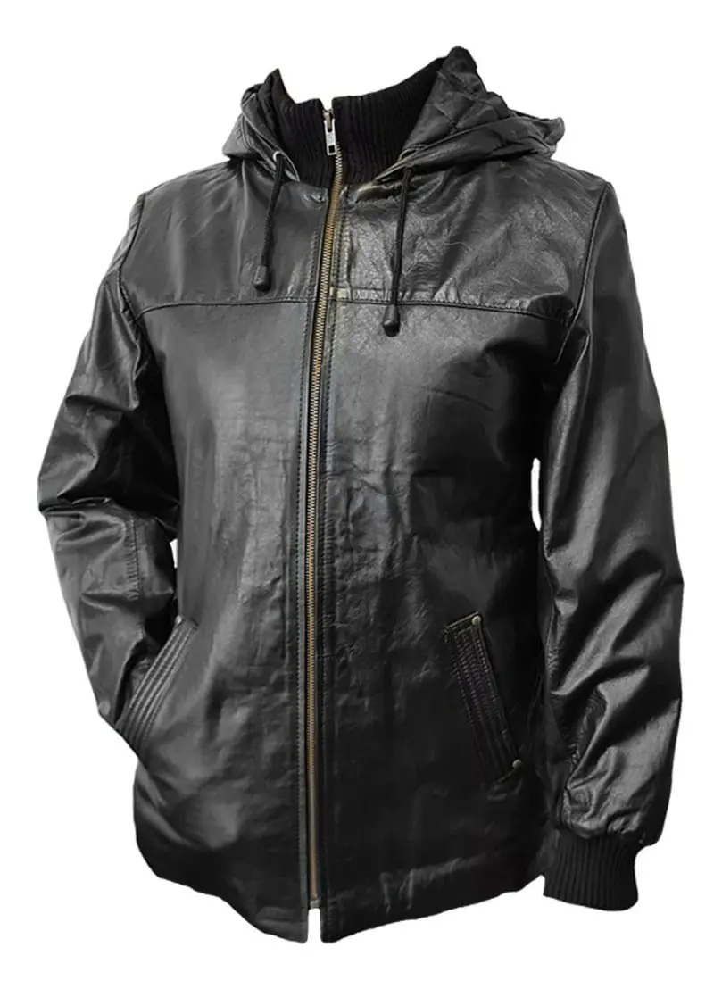Campera De Cuero Clásica Con Capucha Mujer